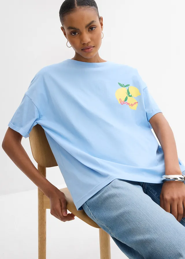 T-shirt oversize 100% coton • bleu clair-jaune pâle imprimé • product-page.page-title-suffix
