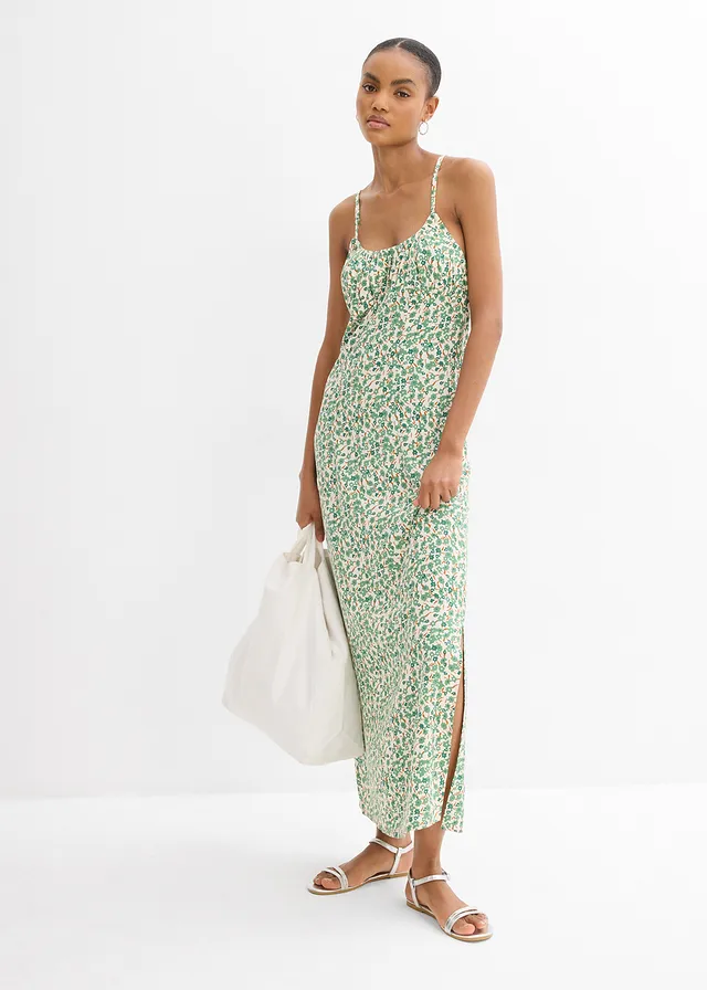 Robe à bretelles en viscose fluide, Couleur: vert lierre/crème