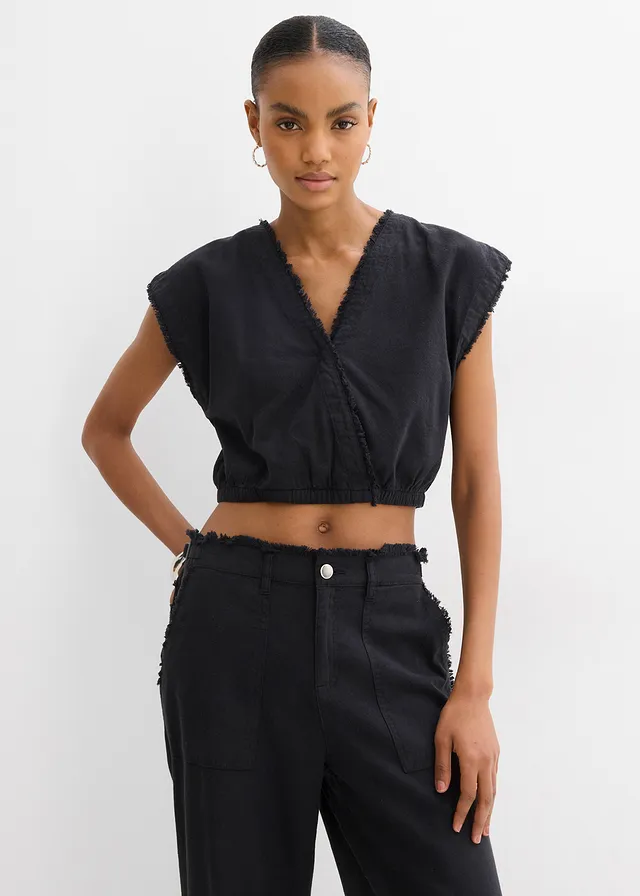 Top blouse raccourci, Couleur: noir