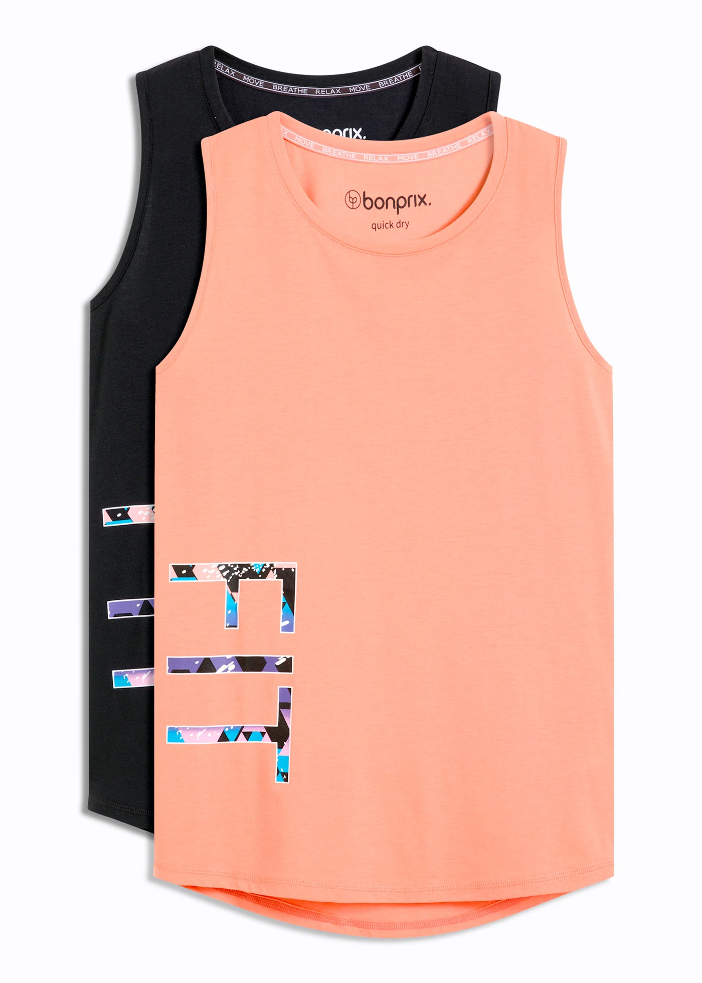 Funkční tričko, rychleschnoucí (2 ks v balení) • černá + lososová s potiskem • bonprix obchod