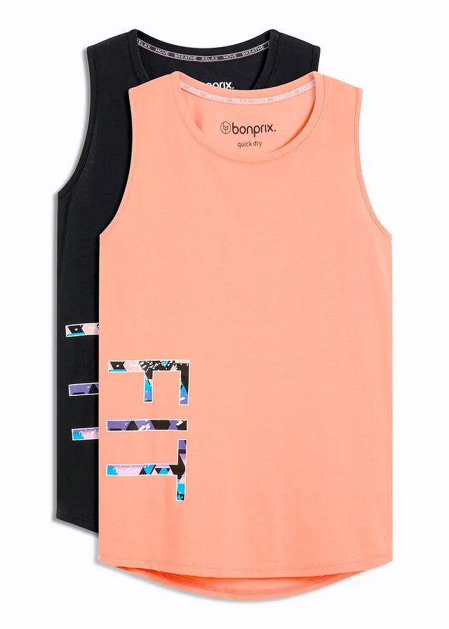 Lot de 2 T-shirts techniques à séchage rapide, Couleur: noir/saumon imprimé