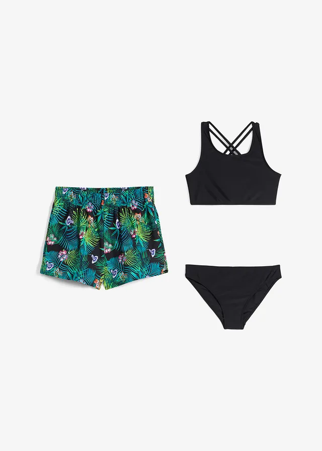 Bikini en bikinibroekje en short (3-dlg. set), Kleur: zwart gedessineerd