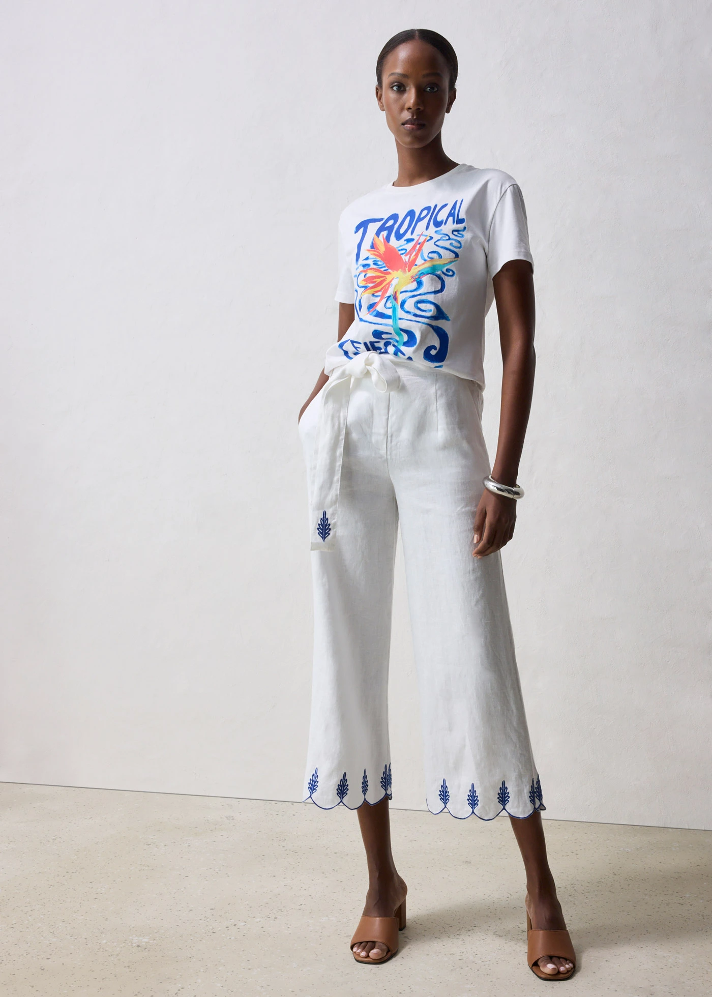 Pantaloni Culotte din in cu cordon (set/2 buc.) • alb • magazin bonprix