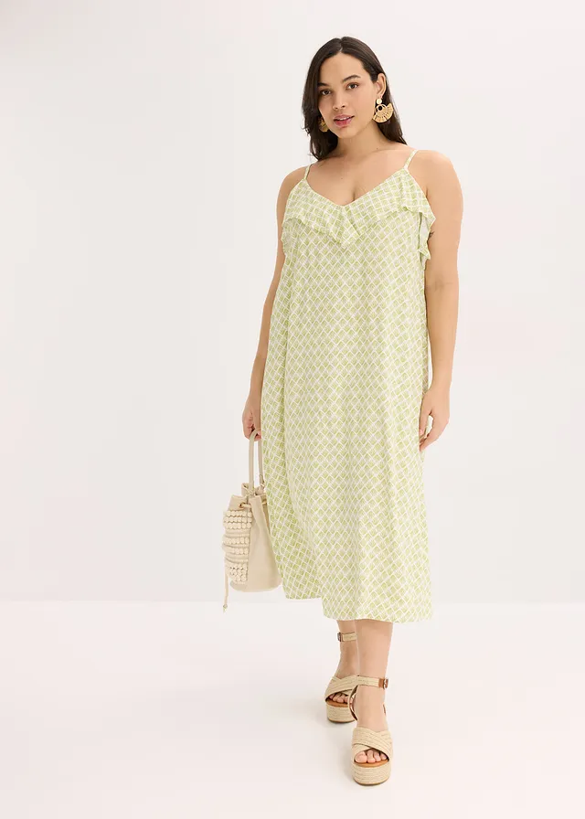 Robe midi à encolure volantée, Couleur: pistache mat imprimé