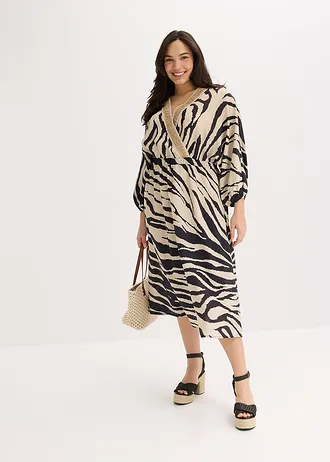 Midi šaty ze splývavé viskózové směsi, barva: černo-přírodní bílá se zebřím potiskem