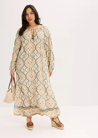 Gedessineerde kaftan jurk van vloeiende viscose, Kleur: sand gedessineerd