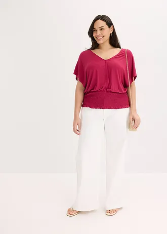 Shirt met gesmokte zoom, Kleur: bessenrood