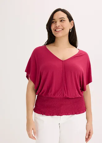 Shirt met gesmokte zoom, Kleur: bessenrood