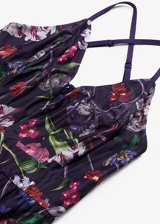 Maxi jurk van fijne tule met spaghettigbandjes • donkerblauw gebloemd • bonprix online shop