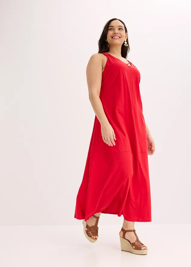 Robe longue 100% coton à bretelles, Couleur: rouge profond