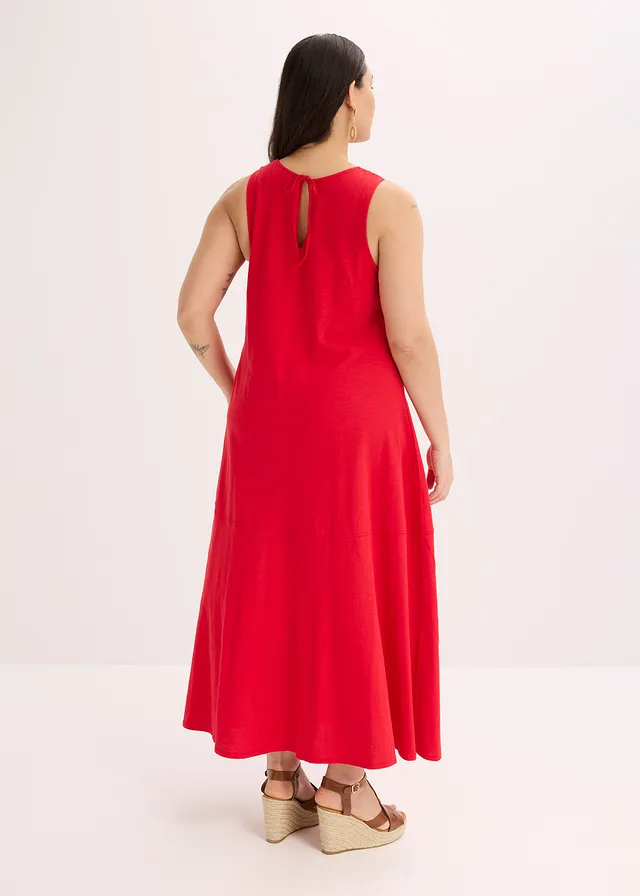 Robe longue 100% coton à bretelles, Couleur: rouge profond