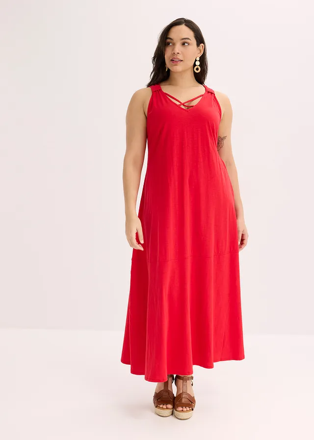 Robe longue 100% coton à bretelles, Couleur: rouge profond