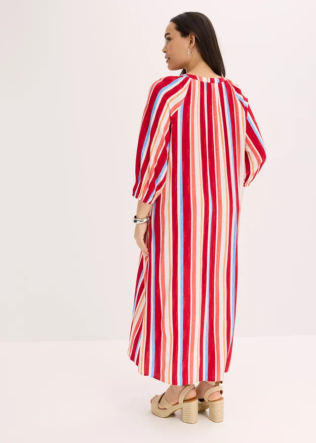 Robe caftan rayée en viscose texturée, Couleur: rouge coquelicot/saumon clair/blanc rayé