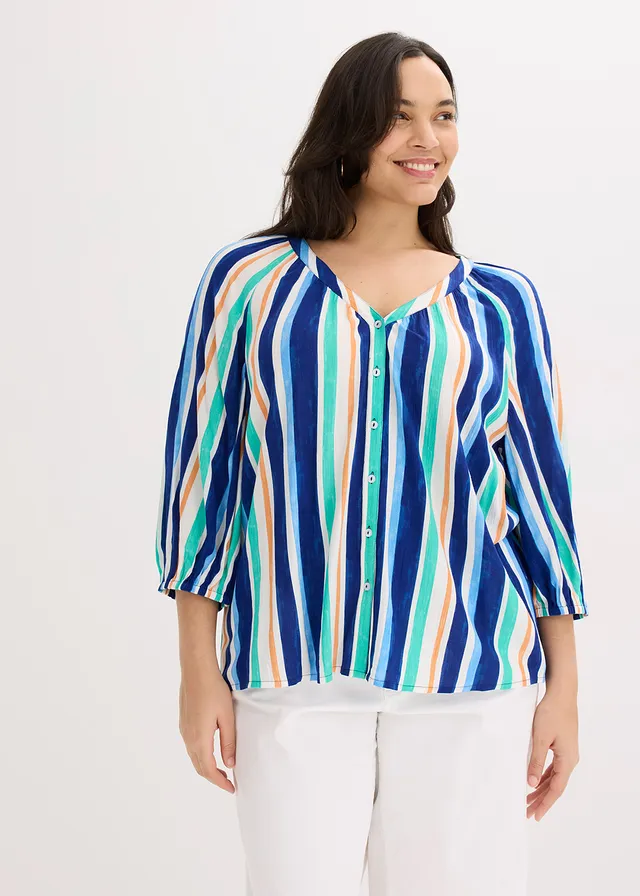 Blouse van gestructureerde viscose, Kleur: arctisch blauw-lichtblauw-wit gestreept