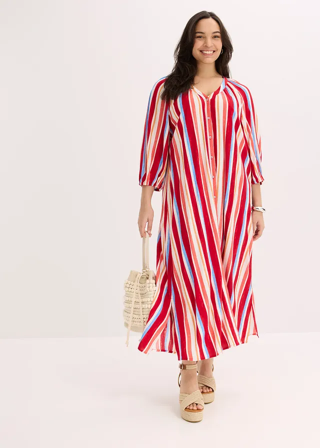 Robe caftan rayée en viscose texturée, Couleur: rouge coquelicot/saumon clair/blanc rayé