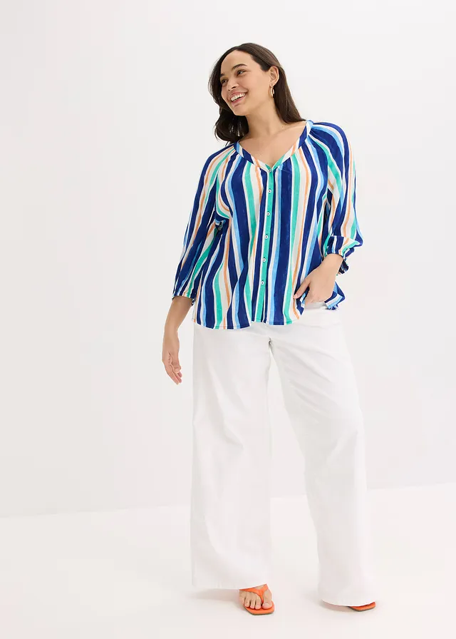 Blouse van gestructureerde viscose, Kleur: arctisch blauw-lichtblauw-wit gestreept
