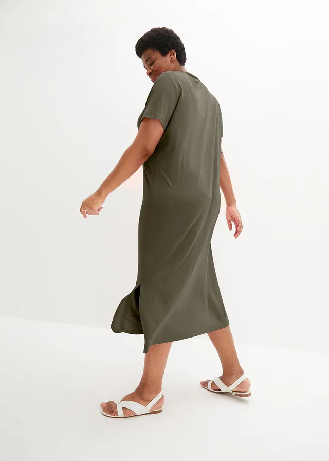Comfortabele shirtjurk met split in maxilengte, Kleur: donkerolijfgroen