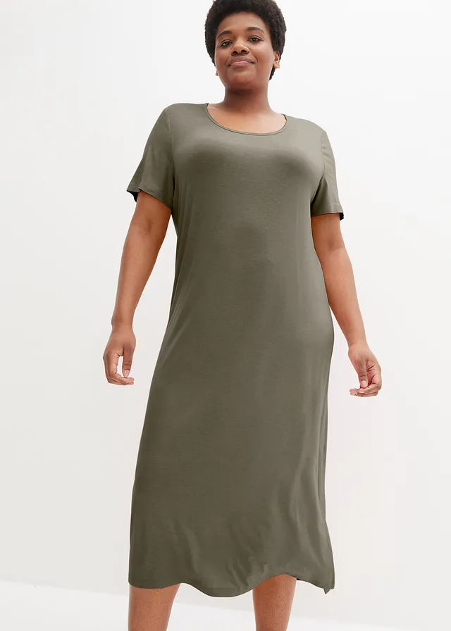 Comfortabele shirtjurk met split in maxilengte, Kleur: donkerolijfgroen