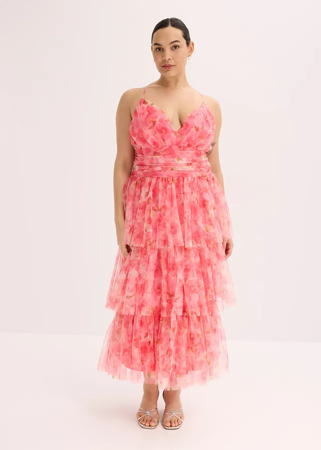 Midi jurk van fijne tule met volants, Kleur: pink gebloemd
