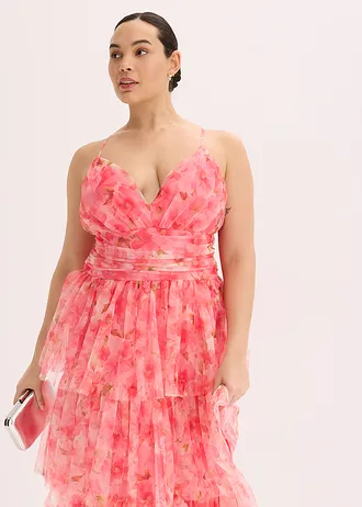 Midi šaty s volány, z jemného tylu • pink s květy plus size • bonprix obchod