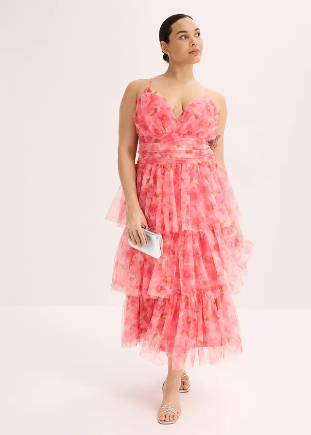 Midi jurk van fijne tule met volants, Kleur: pink gebloemd