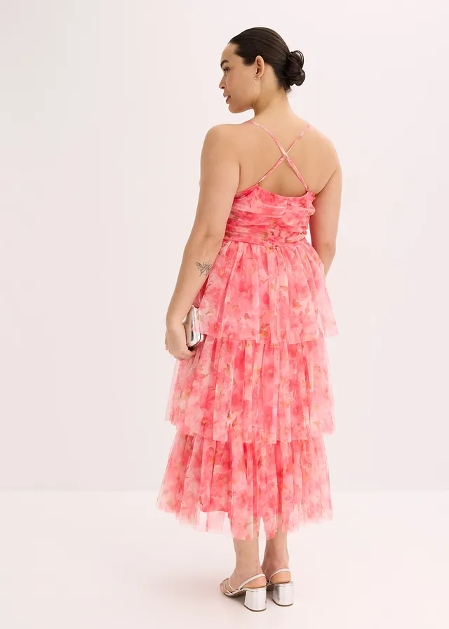 Midi jurk van fijne tule met volants, Kleur: pink gebloemd