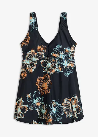 Corrigerende badpakjurk met V-hals, medium corrigerend • zwart-oranje-turkoois gedessineerd • bonprix online shop