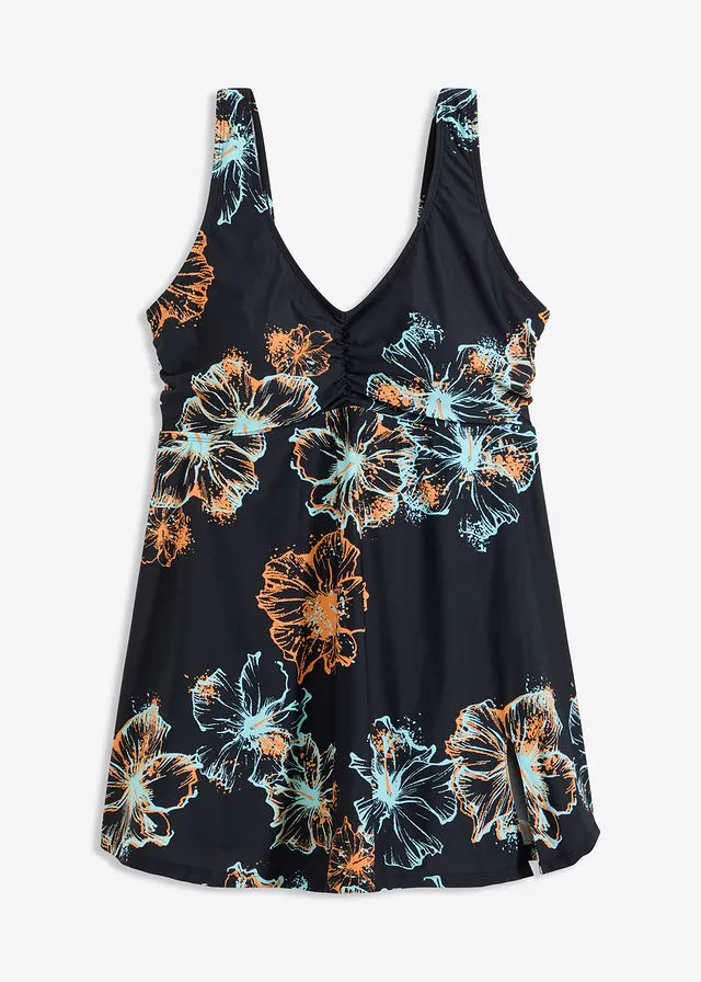 Corrigerende badpakjurk met V-hals, medium corrigerend • zwart-oranje-turkoois gedessineerd • bonprix online shop