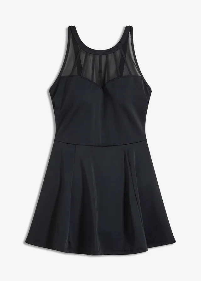 Costum de baie tip rochiță cu efect shape mediu, cu plasă transparentă