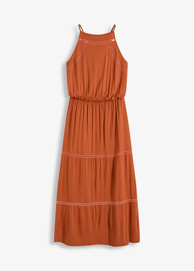 Maxi jurk met gehaakte inzetstukken, Kleur: roestbruin
