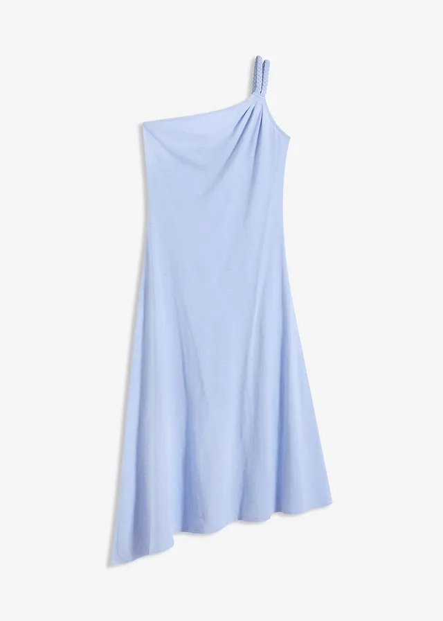 Robe en jersey coton à base asymétrique et détail nœud sur l’épaule, Couleur: bleu nacré
