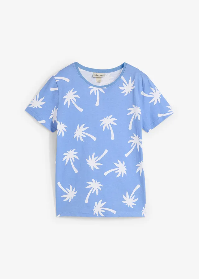 T-shirt van biologisch katoen, Kleur: middenblauw-wit met print
