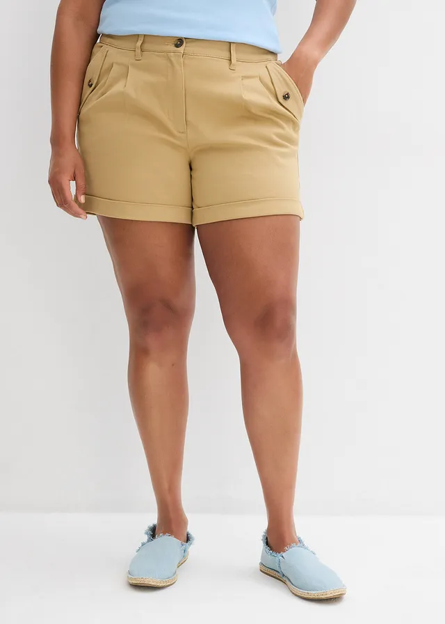 Short en twill, taille haute, Couleur: beige foncé