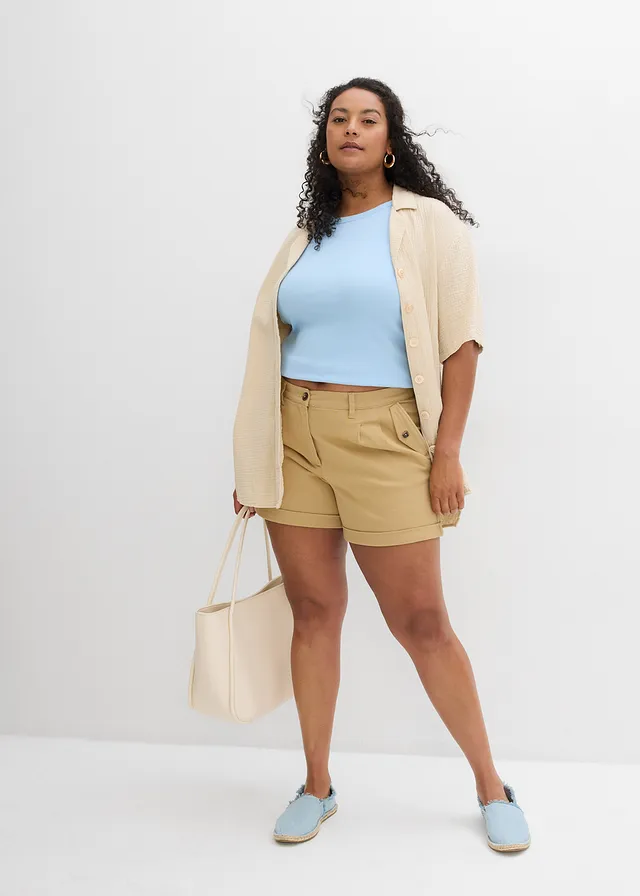 Short en twill, taille haute, Couleur: beige foncé