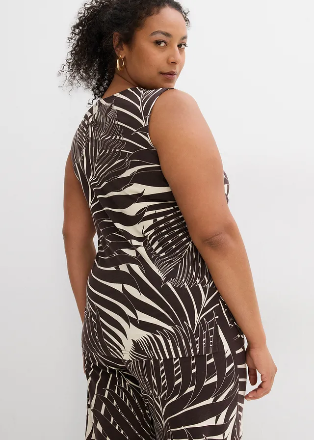 Top met zijsplitten, Kleur: ecru-donkerbruin met print