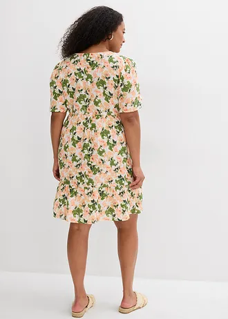 Jurk van zachte mousseline, Kleur: wit-lichtgroen-melba-lichtzalm-mat pistache-mosgroen gebloemd