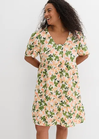 Jurk van zachte mousseline, Kleur: wit-lichtgroen-melba-lichtzalm-mat pistache-mosgroen gebloemd