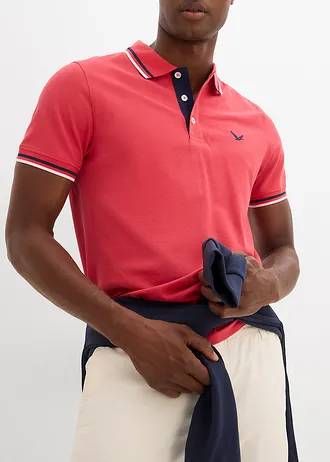 Piqué-poloshirt van puur katoen, korte mouwen (set van 2) • rookblauw+koraalrood • bonprix online shop