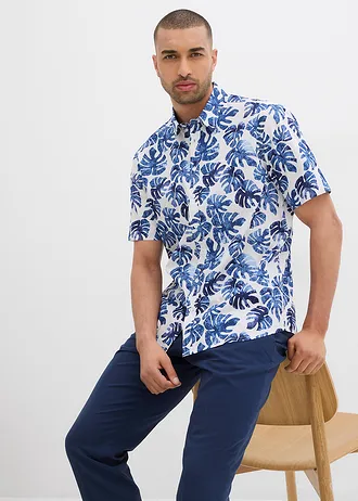 Košile z čisté bavlny, krátký rukáv • přírodní bílo-modrá s potiskem • bonprix obchod