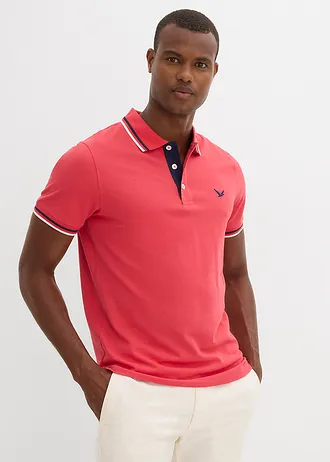 Lot de 2 polos en maille piquée 100% coton, Couleur: bleu fumé + rouge corail