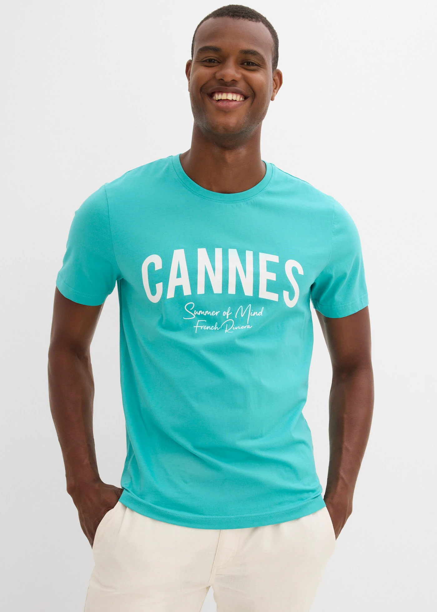 T-shirt van biologisch katoen (set van 2) • mat turkoois+blauwpetrol met print • bonprix online shop