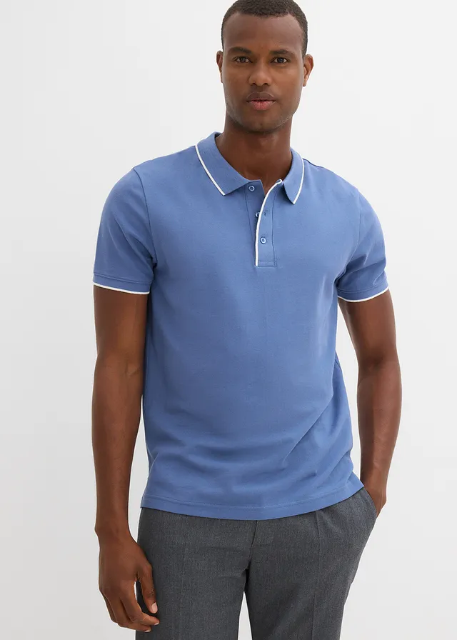 Polo en maille piquée, 100% coton, Couleur: bleu jean