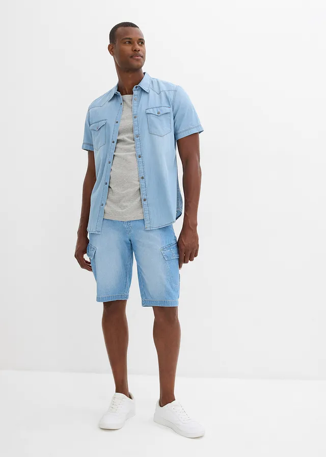 Lichte denim cargo short van puur katoen, relaxed fit (set van 2), Kleur: blauw denim+lichtblauw denim