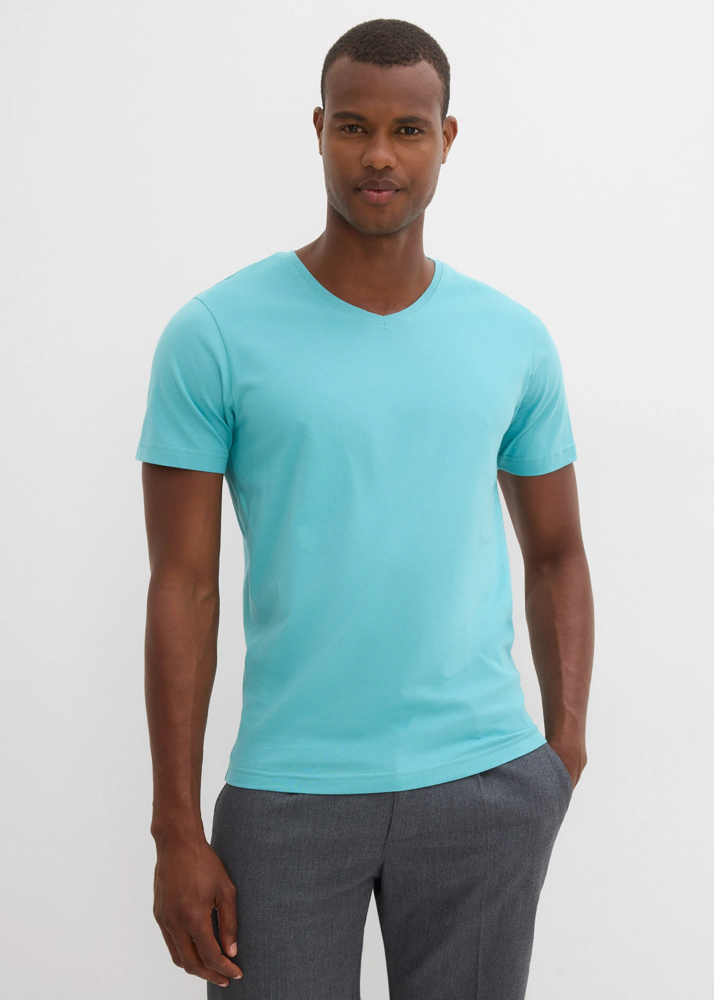 Lot de 5 T-shirts col V • vert lagon + turquoise cobalt + pétrole + gris chiné + anthracite chiné • Boutique bonprix