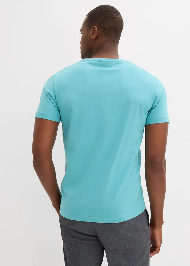 T-shirt met V-hals (set van 5), Kleur: zeegroen+kobaltturkoois+petrol+grijs gemêleerd+antraciet gemêleerd