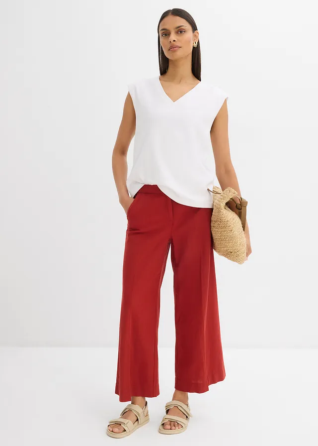 Culotte met een elastische tailleband in een soepele viscosemix, Kleur: karmijnrood