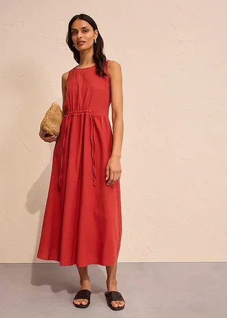 Maxi jurk in een lichte linnen-viscosemix, Kleur: karmijnrood