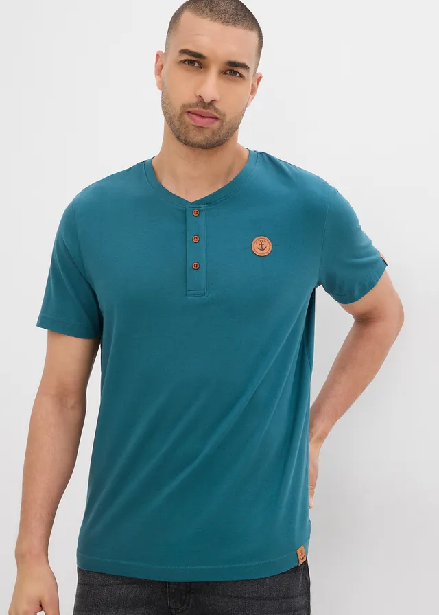 Lot de 2 T-shirts col tunisien 100% coton, Couleur: vert poivre + bleu foncé