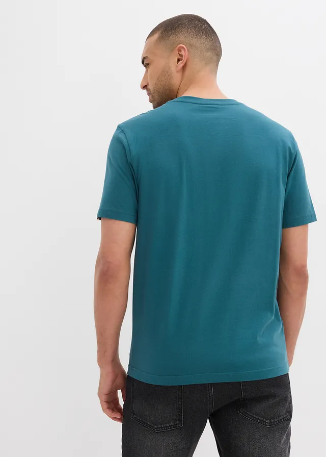 Lot de 2 T-shirts col tunisien 100% coton, Couleur: vert poivre + bleu foncé