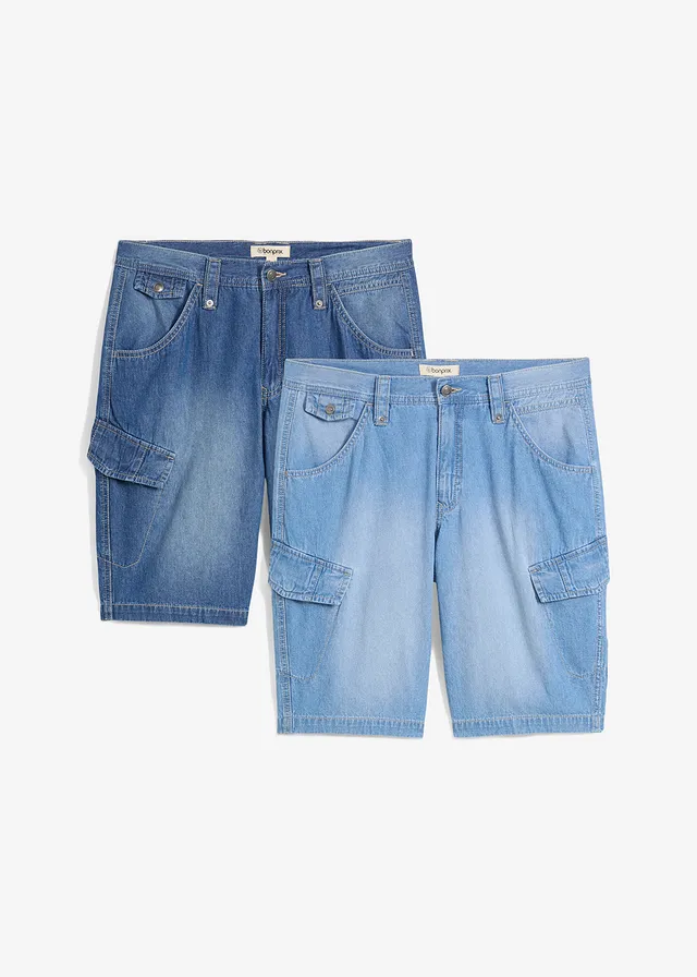 Lot de 2 bermudas loose en denim léger 100% coton, Couleur: bleu denim + bleu clair denim